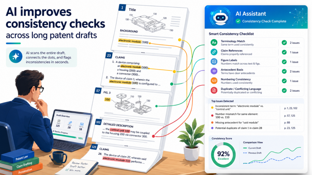Patent drafts can be long because inventions need room to be explained from many angles. There may be a title, background, summary, figures, detailed description, examples, claims, and an abstract. Each part must work with the others.