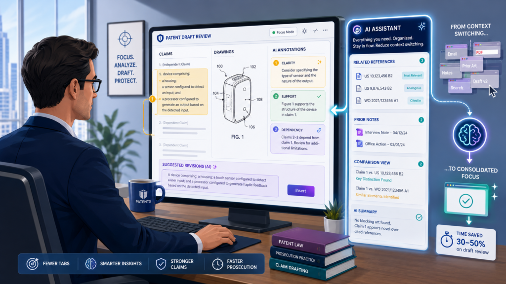 They read claims, check the spec, inspect figures, review technical notes, compare invention disclosures, look for missing details, and think about strategy. Each switch takes mental energy.