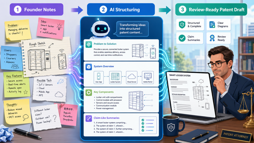 Many patent drafts begin with raw material. A founder may share a product spec, a pitch deck, code comments, design docs, research notes, customer problem notes, or a recorded invention meeting.