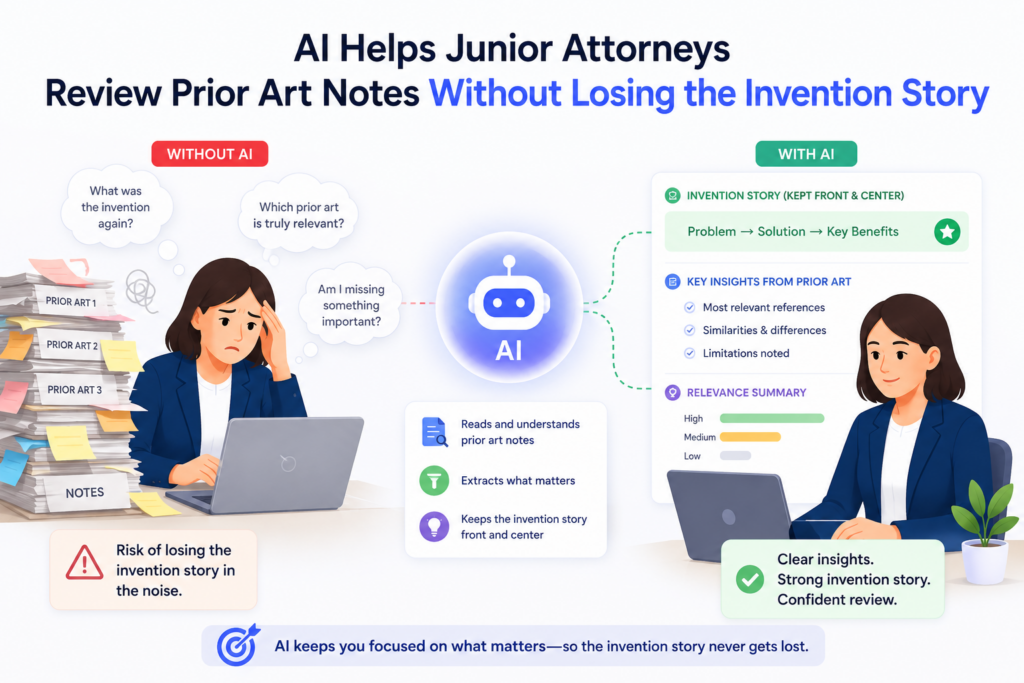 A junior attorney often receives a patent draft along with some notes about similar products, papers, public tools, or older patents. This can feel heavy fast.