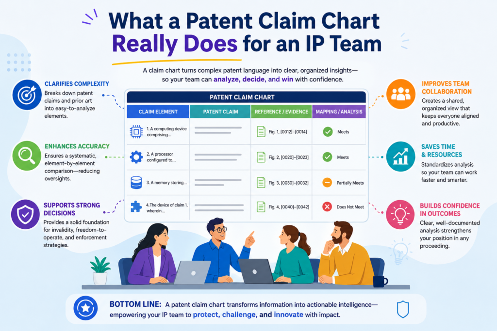 A patent claim chart is not just a table. It is a work tool that helps an IP team see the match between patent words and real-world proof. That proof may be inside a product, a feature, a document, a test, a code base, a model, a system design, or a public source.