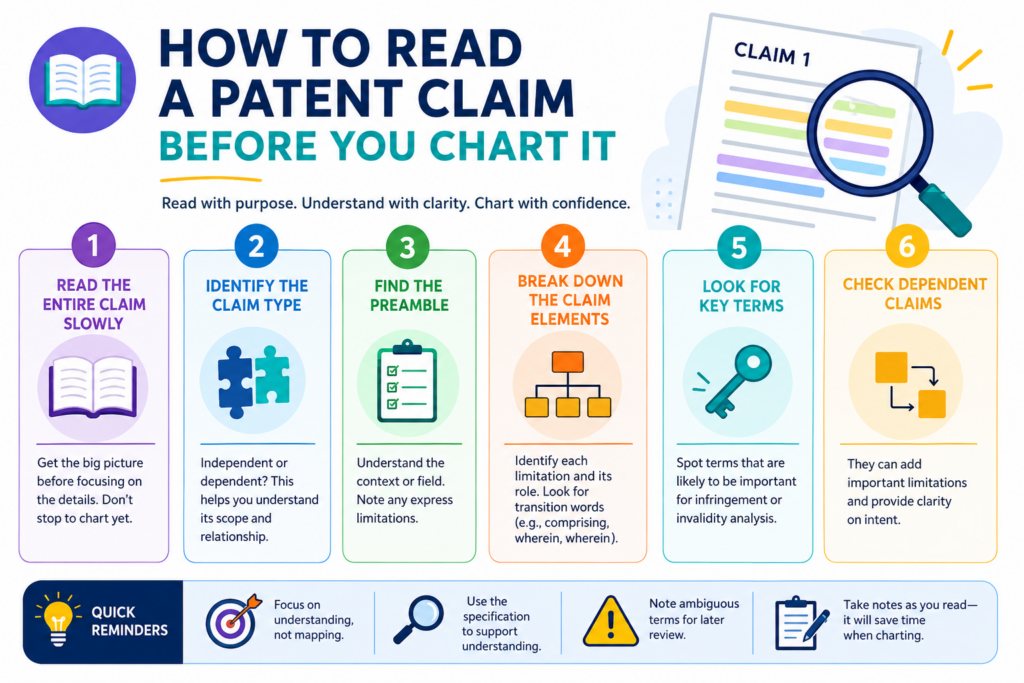 Before you build a claim chart, you need to slow down and read the claim with care. This does not mean reading it like a lawyer. It means reading it like a builder who wants to know what parts must be present.