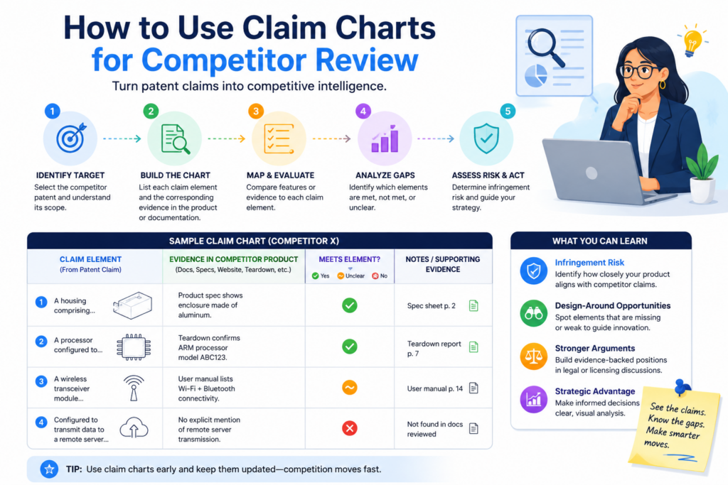 A claim chart can help an IP team study a competitor with more care. Instead of making a broad claim like “they copied us” or “their product looks close,” the chart forces the team to slow down and check each claim part against real proof.