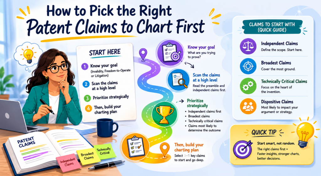 Not every claim needs to be charted right away. Some patents have many claims, and some portfolios have many patents. If an IP team tries to chart everything at once, the work can become slow and hard to manage.