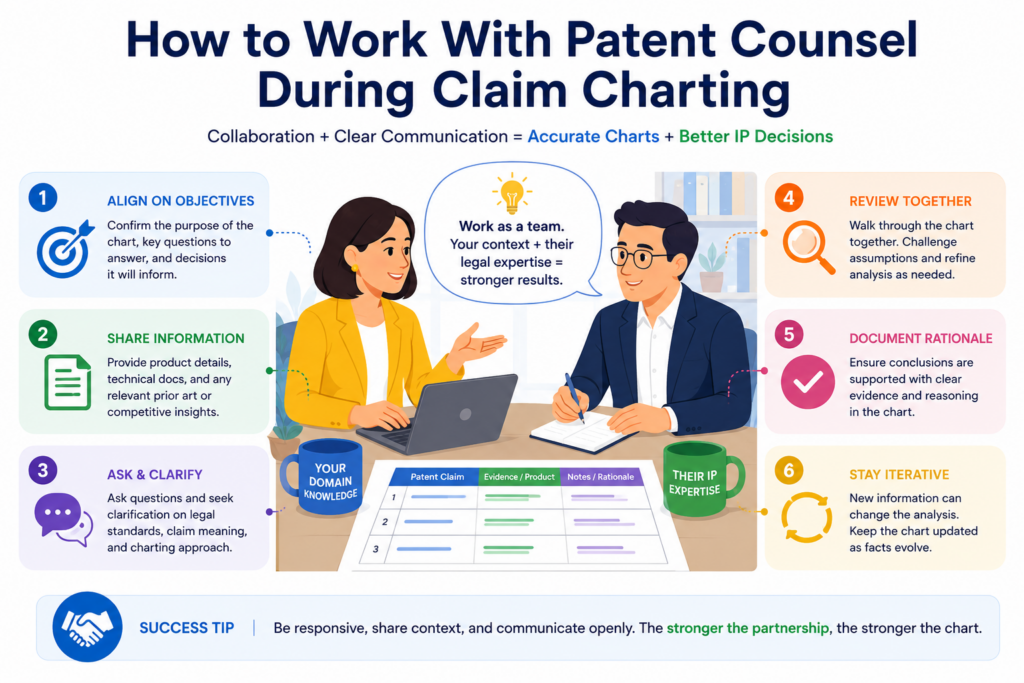Claim charting works best when the IP team and patent counsel work together early. The team brings the facts. Counsel brings claim judgment. When those two sides connect, the chart becomes much stronger.