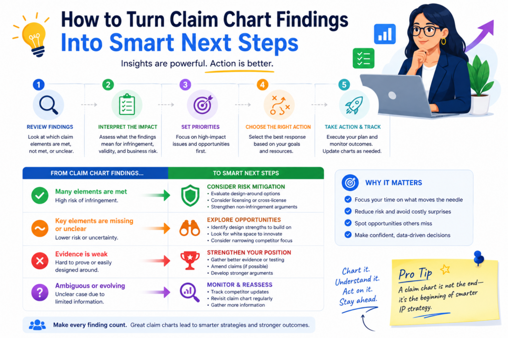 A claim chart is not the finish line. It is a decision tool. Once the team sees the match between claims and proof, the next question is simple. What should we do now?