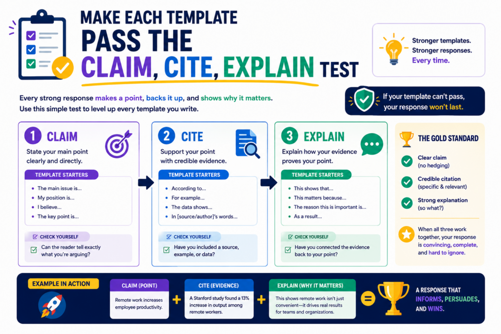 Every useful response block should pass one simple test. It should state the claim feature, address the cited material, and explain the gap.
