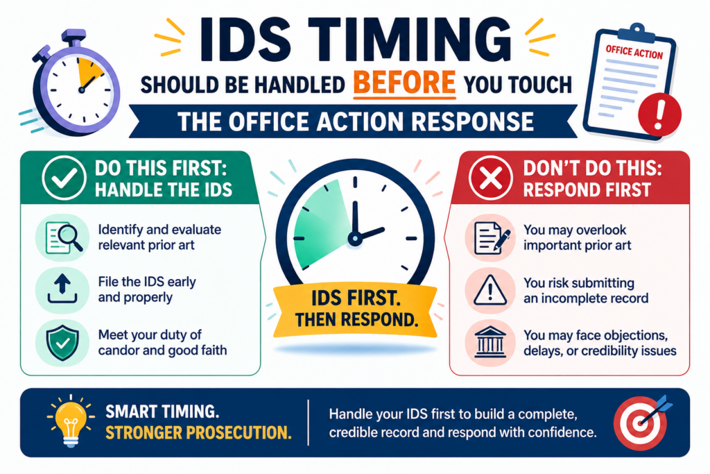 An Office Action response is not just about arguing with the examiner. It is also a control point. It is the moment when your team should pause, look at what has changed, and decide whether any new known information needs to be sent to the USPTO through an IDS.