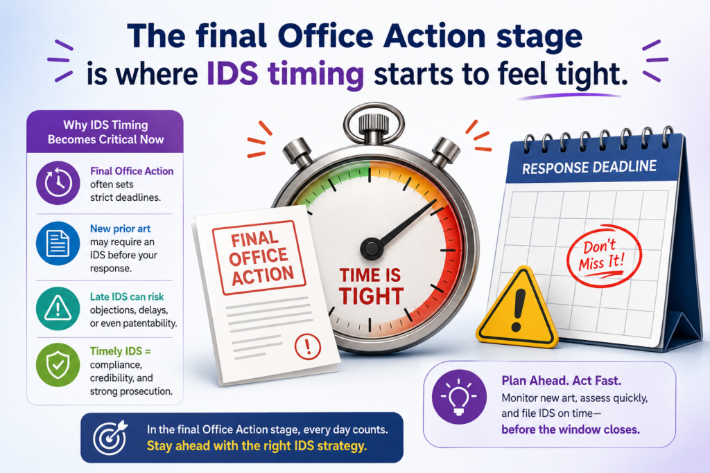 A final Office Action does not mean the case is over. It does mean the room to move is smaller. When an IDS issue appears around this stage, your team needs to slow down just enough to avoid a bad filing choice.