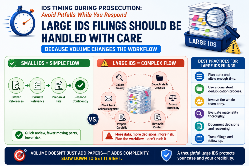 Some startups end up with large IDS filings because they file in many countries, run many searches, track competitors, or have a fast-moving technical field.