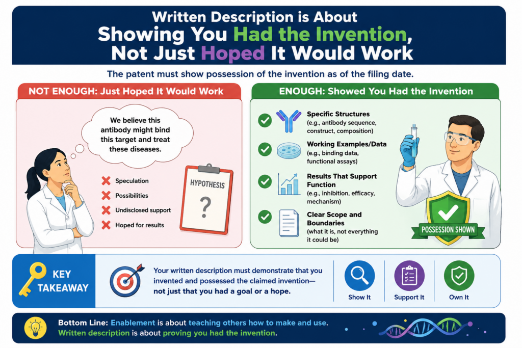 Written description is one of the most important issues in bio and med patents. It asks a simple question with big results: did you actually have the invention when you filed?