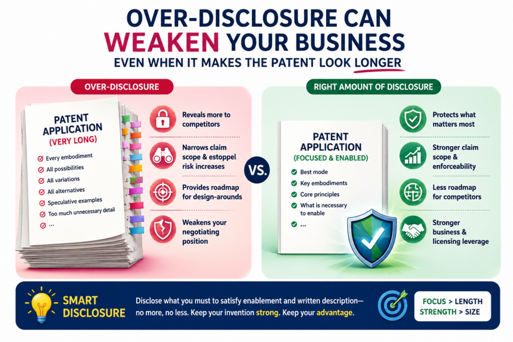 A patent is public. Once it publishes, competitors, investors, partners, large companies, and future acquirers may read it.