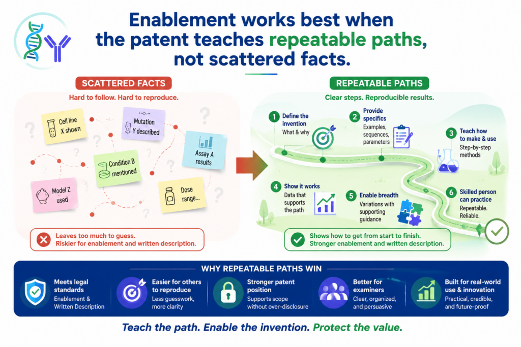 Enablement is not about filling pages. It is about teaching a skilled person how to make and use the invention without too much trial and error.