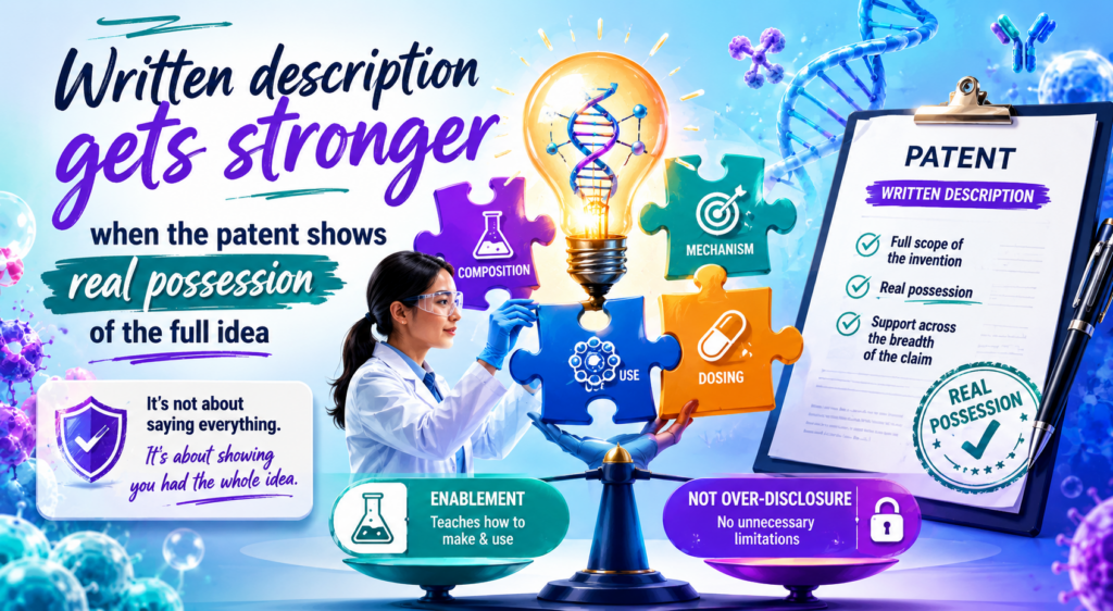 Written description is often where bio and med filings get tested hardest. The issue is not only whether the invention works. The issue is whether the filing shows that the inventor truly had the claimed invention at the time of filing.