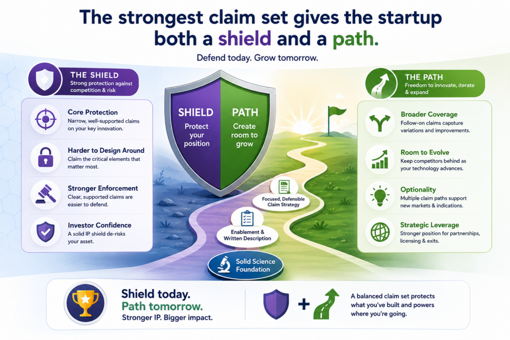 A single claim is rarely enough for a serious bio or med startup. The filing should give the company a shield against copycats and a path for future growth.