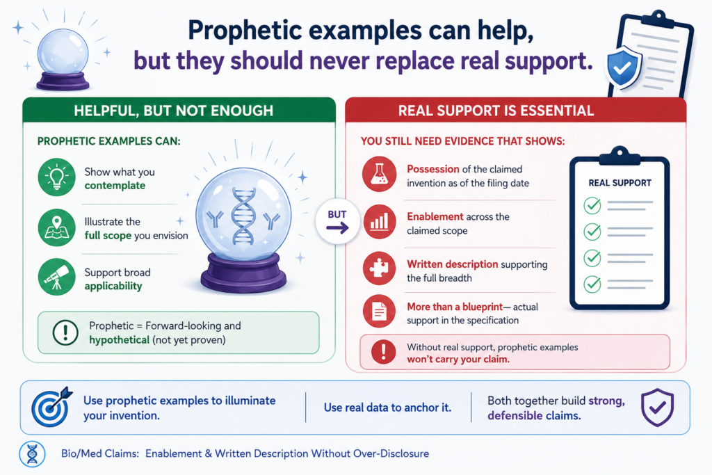 In bio and med patent filings, not every example has to come from a finished test. Some examples may describe how an invention can be practiced even if that exact test has not yet been run.