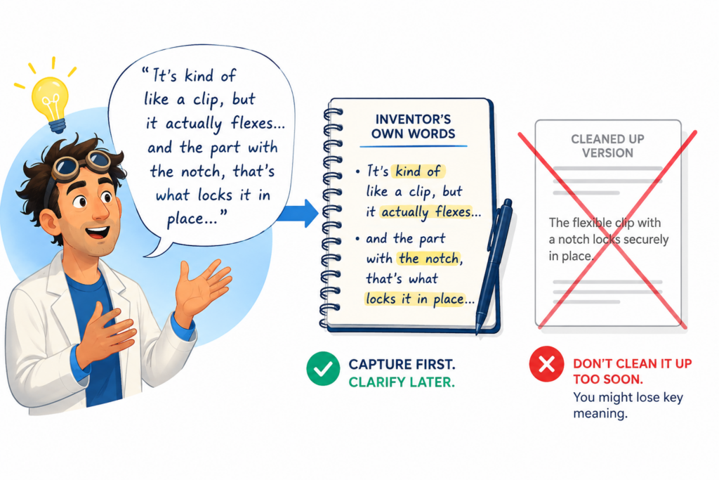 The fastest way to lose good technical detail is to clean the inventor’s words too early. This happens all the time. A founder explains the invention in plain, messy, real language. 