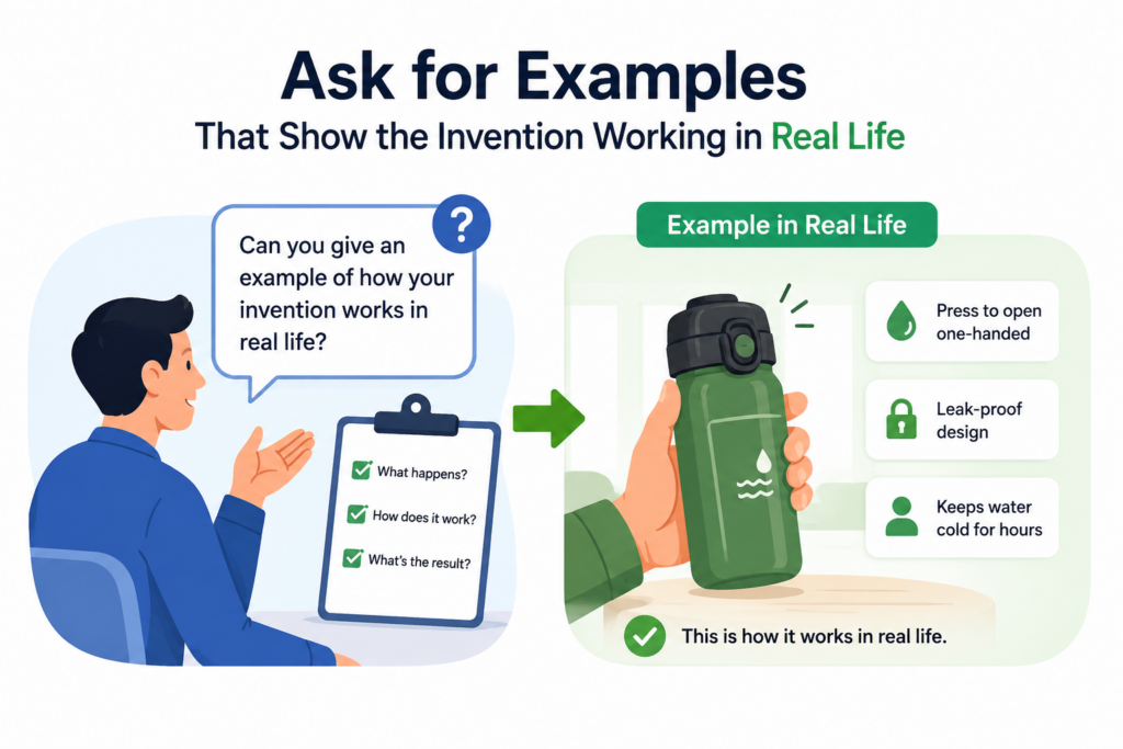 Abstract answers are easy to give and hard to use. Real examples are harder to fake and much easier to build on. That is why every invention intake should ask for examples.