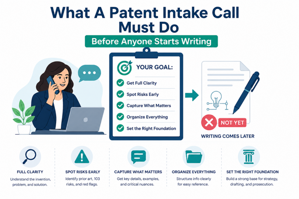 A patent intake call should not rush into drafting. That is like building a house before checking the ground. The call must first create a clear base.