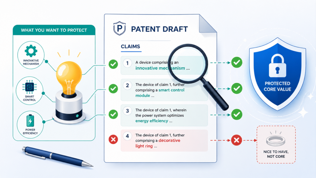 The claims are the most important part of the patent application. They define the legal edge of the invention. The rest of the draft explains the invention, but the claims are where protection is shaped.
