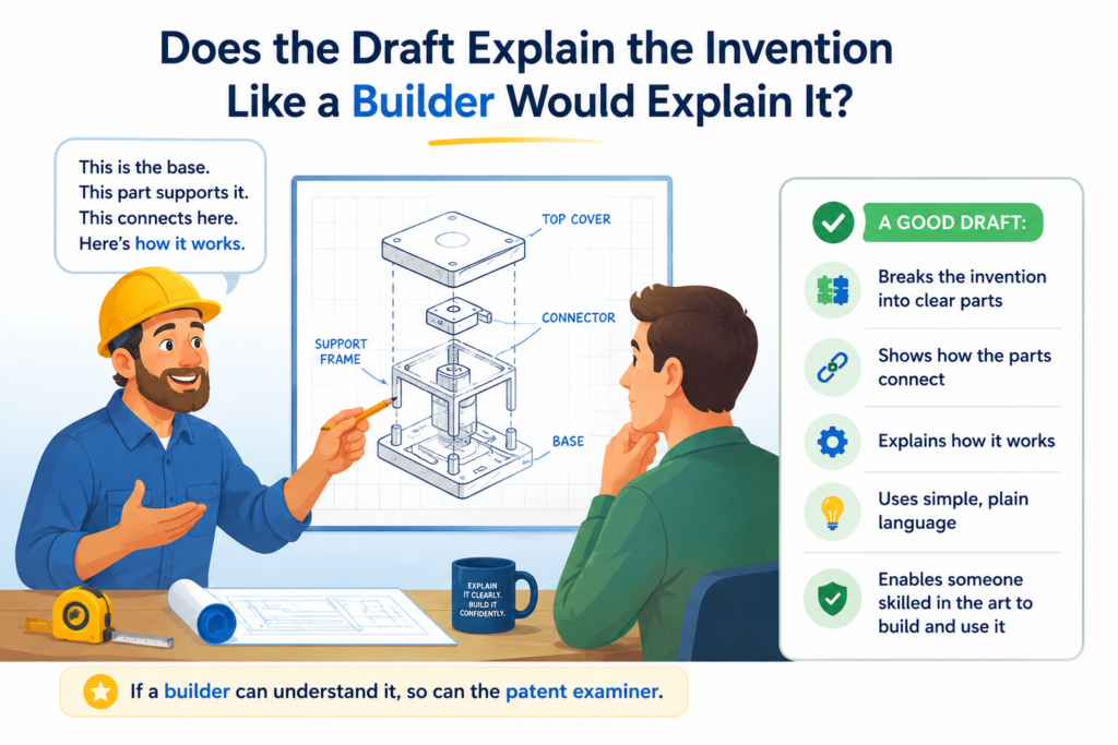 A strong patent draft should not feel like a foggy description of a product. It should feel like a clear, careful walk-through of how the invention works. It does not need to sound casual, but it must make sense.