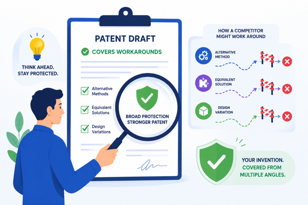 Approving a patent draft without thinking about workarounds is like locking the front door and leaving the side door open.