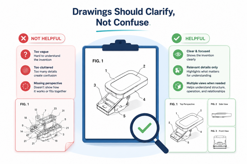 Drawings are not decoration. In a patent draft, drawings can make the invention easier to understand and can support the written description.