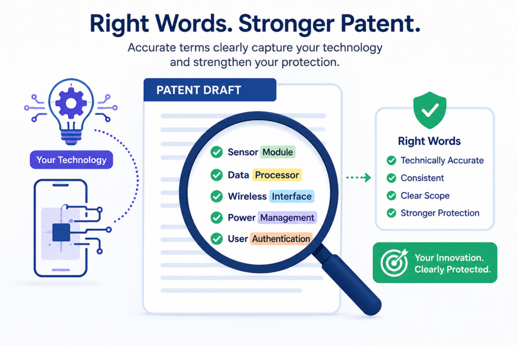 Words matter in a patent draft. One wrong word can make the invention sound narrower, broader, weaker, or just different from what you built.