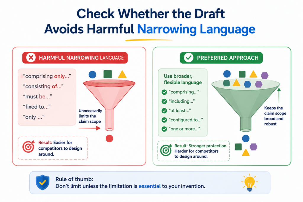 Some patent drafts become weak because they use words that sound harmless but create limits.