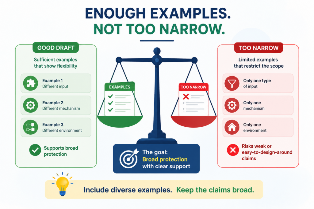 Examples make a patent draft stronger. They show how the invention can work in the real world. They help support the claims. They give future readers more ways to understand the invention.