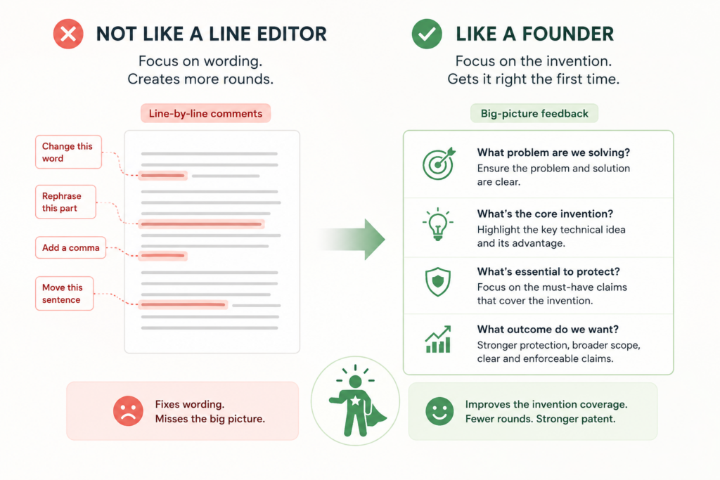 A patent draft is not a blog post, pitch deck, or product page. Reviewing it like one can create extra work.