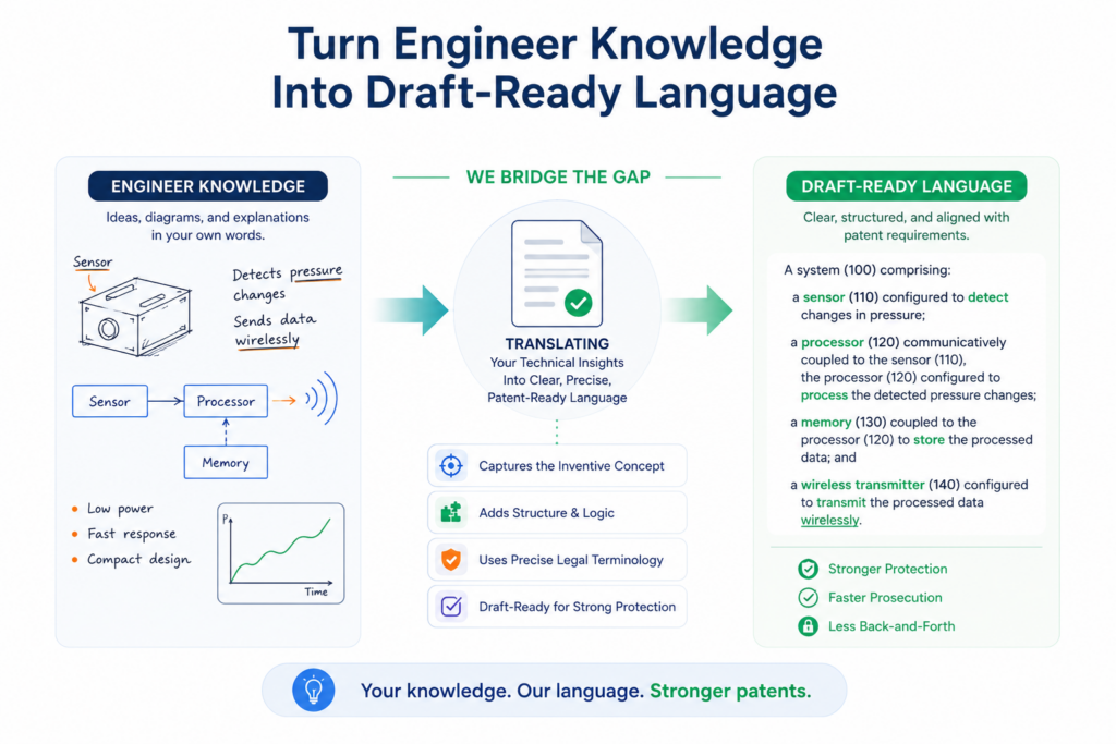 Engineers often know the invention best, but they may not explain it in a way that is easy to draft from.