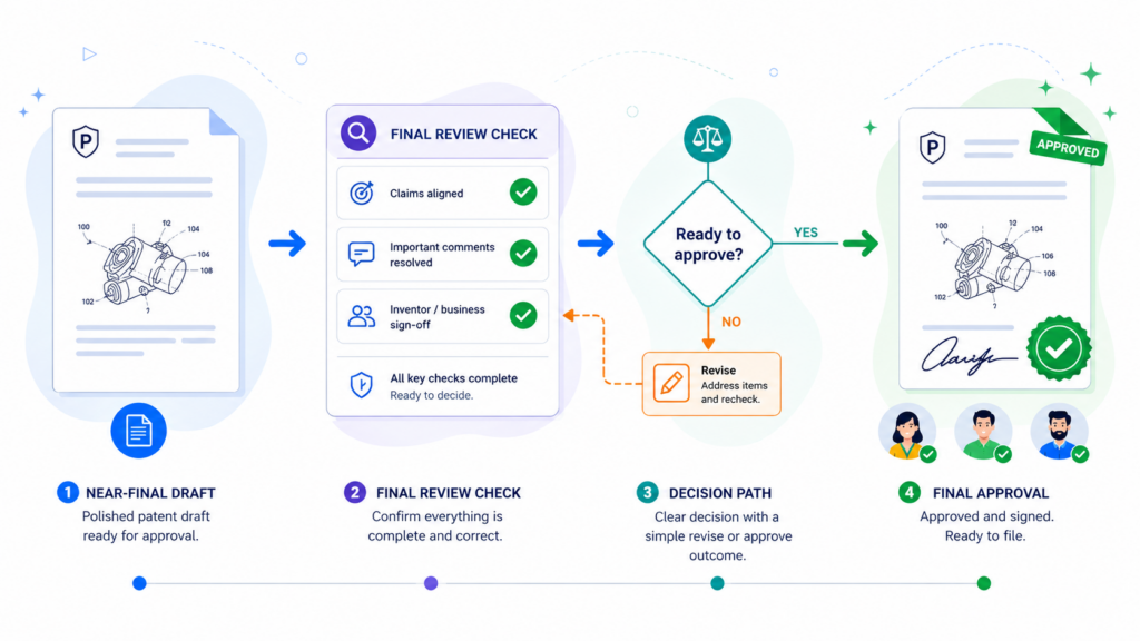 Final approval should not feel like chaos. By this point, the team has reviewed the invention, claims, support, drawings, clarity, prior art risk, and business fit.