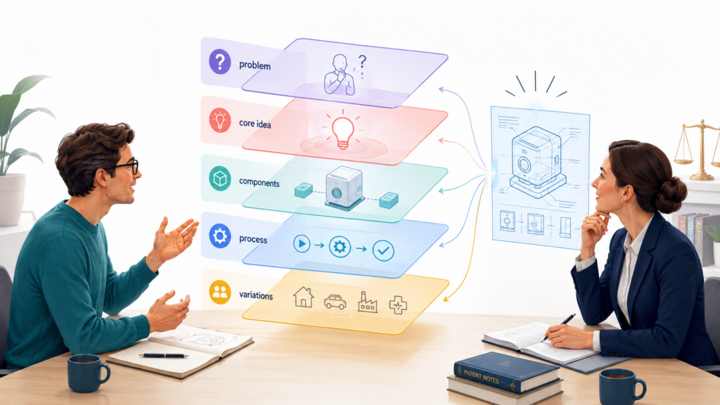Inventors often explain too much at once. They jump from the big idea to the deepest technical detail, then back to the business use case, then into a future version, then into a product roadmap.