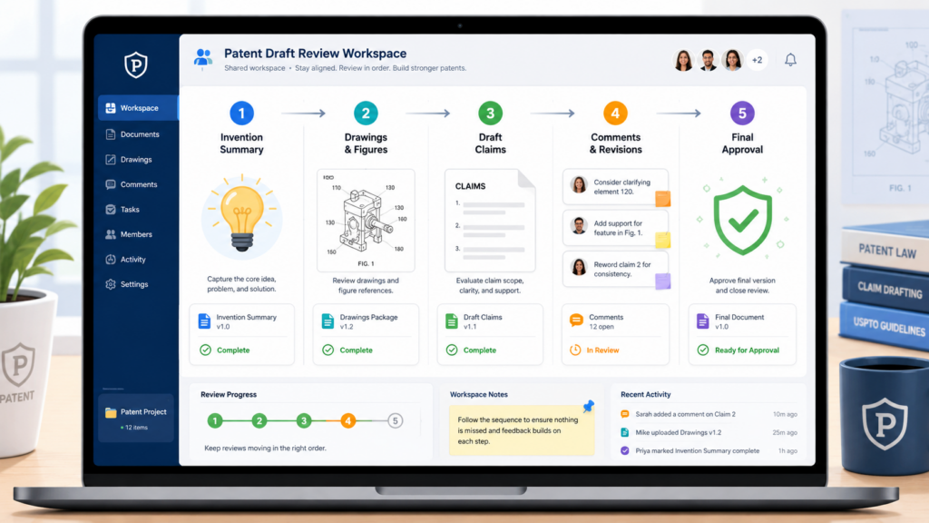 A shared workspace should not feel like a blank room where everyone throws notes at the wall. It should guide the review in the right order. Patent review is not just reading from top to bottom.