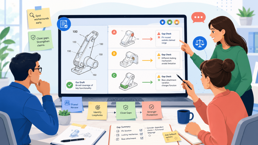 A strong patent draft should not only describe what your team built. It should think ahead to what a competitor might do to avoid it. This is one of the most strategic parts of patent review.