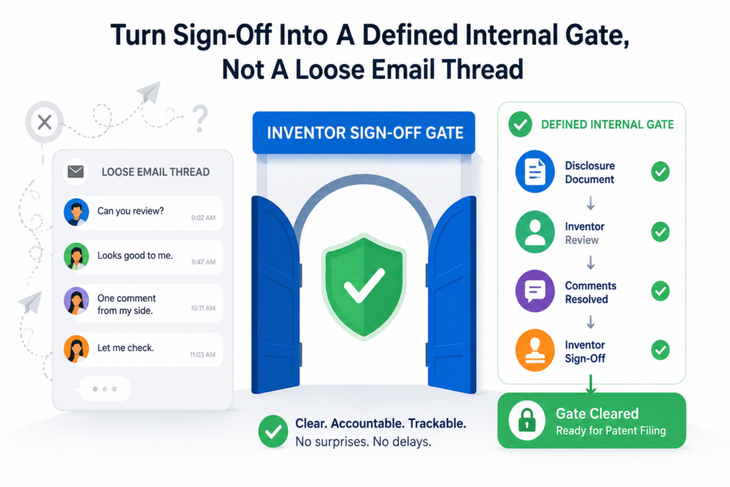 A good inventor sign-off workflow needs one simple idea at the center. Sign-off is not a casual note. It is an internal gate. That means the filing does not move forward because someone vaguely said the draft “looks okay.”