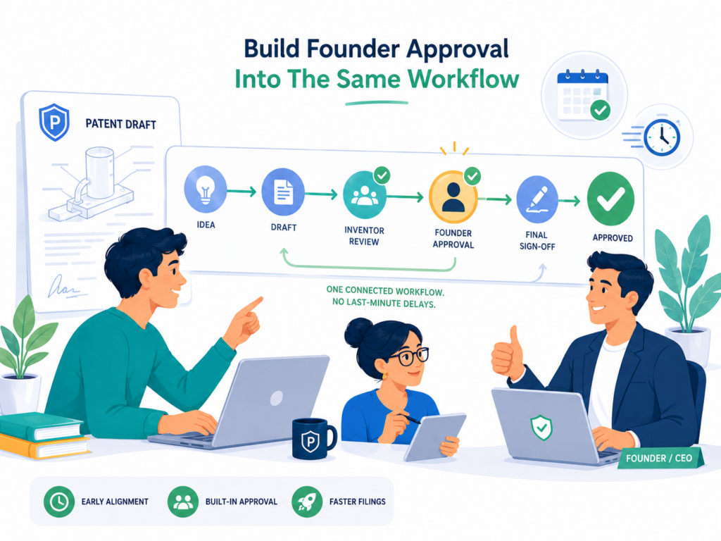 Inventor sign-off is critical, but it is not the only approval that matters. The founder or company lead also needs to approve the filing from a business point of view.