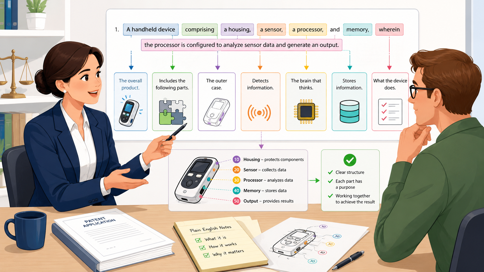 Learn how to explain patent claims to inventors in plain English, so feedback is faster, clearer, and more useful for stronger filings.