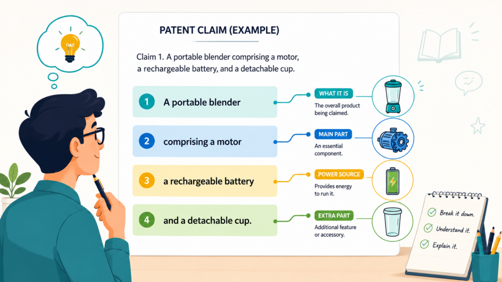 Patent claims often look scary because they are written as long sentences. Some claims can run for many lines.
