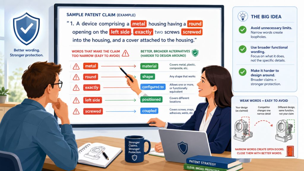 A claim can look strong and still be easy to design around. This often happens when the claim uses words that are too specific without a good reason. Inventors should learn to spot those words.