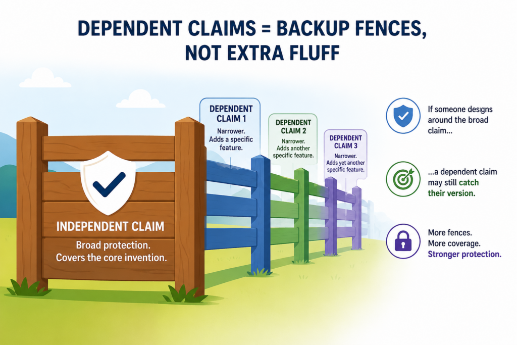 Dependent claims are claims that refer back to another claim. Many inventors see them and think they are just smaller repeats.