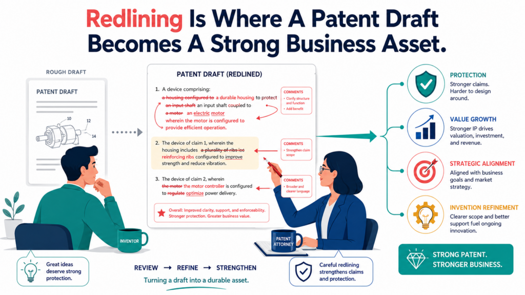 Patent draft redlining is not just “editing.” It is the careful act of testing every part of the draft before it becomes something the company may depend on for years.