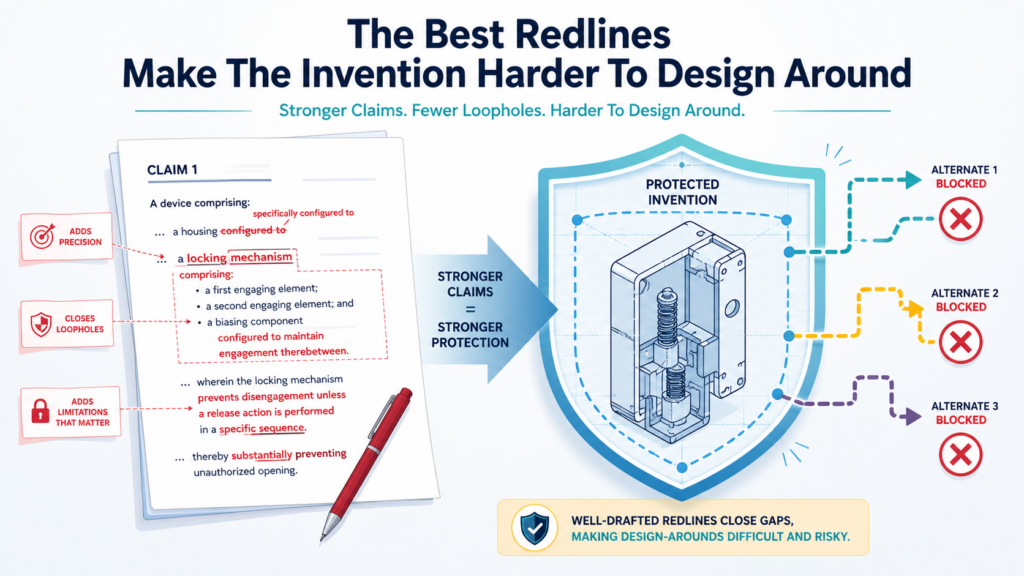 A patent draft should not only describe what the inventor built. It should make copying harder. That means redlining should focus on design-around risk.