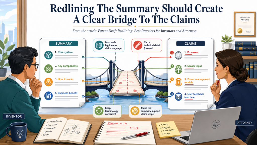 The summary section has a simple job. It should introduce the invention in a way that connects to the claims and prepares the reader for the detailed description. It should not be a copy of the background.