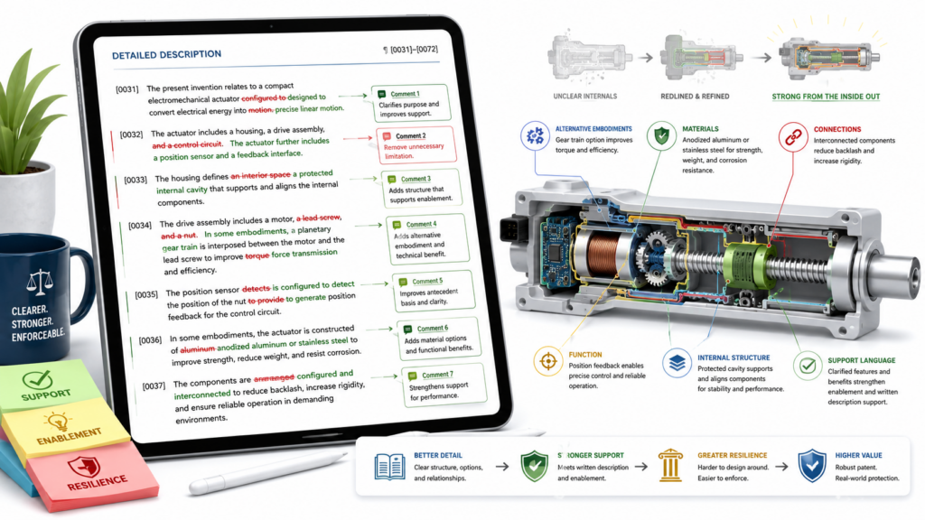 The detailed description is where the invention gets its depth. It explains how the system, method, device, or process works.