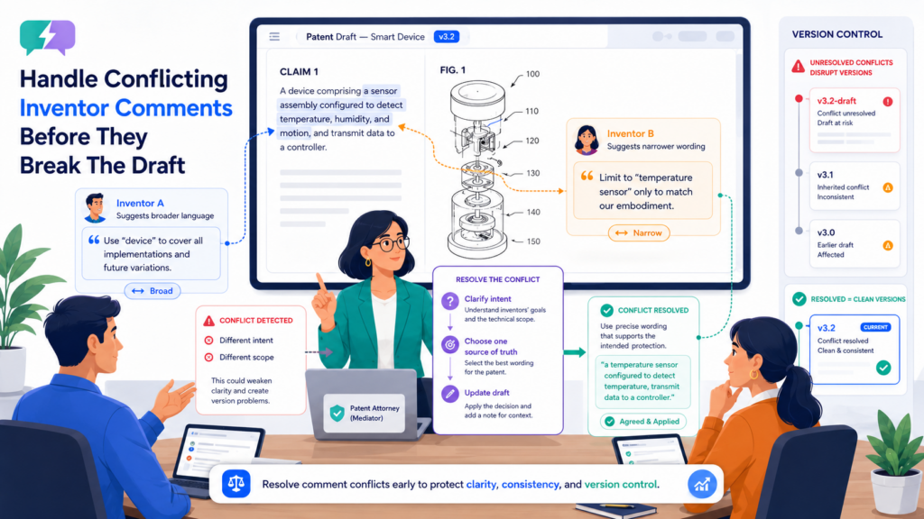When more than one inventor reviews a draft, comments may conflict. One engineer may say a step happens before scoring. Another may say it happens after scoring. One founder may want broad language.