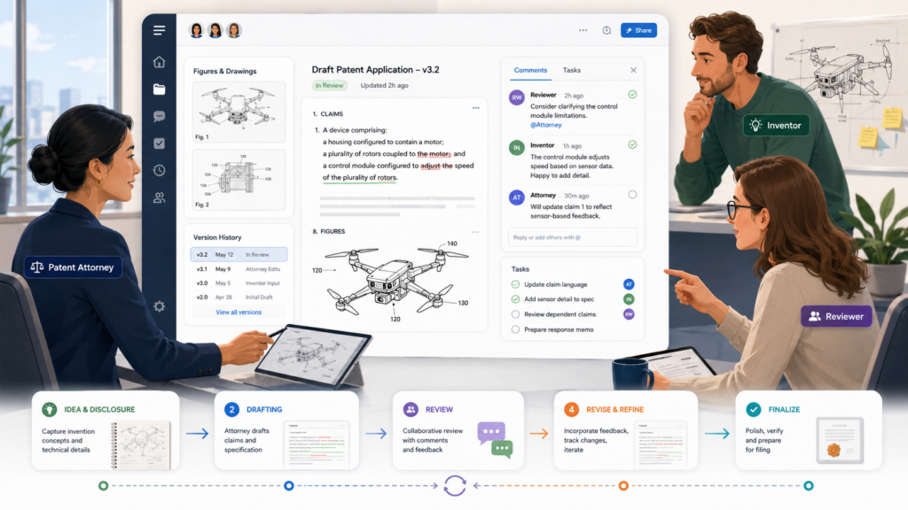 Patent work is not normal document work. A patent matter does not move in a straight line from draft to review to filing. It moves more like a living project. The idea changes. The claims change.