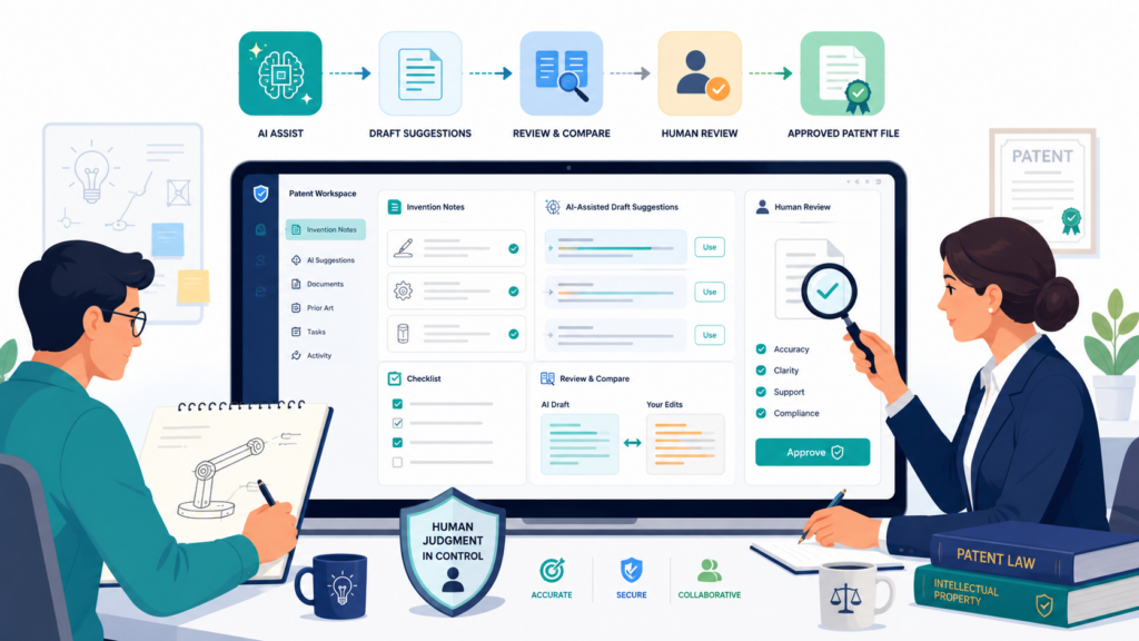 AI can help patent teams move faster. It can help organize invention notes, summarize long technical material, create first-pass structure, suggest questions, compare documents, and surface gaps. For busy law firms, this can be very useful.