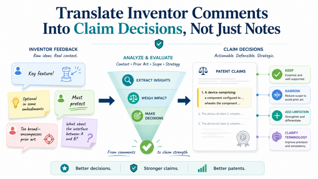 Inventor feedback becomes useful only when it changes the claim strategy. A comment sitting in a document does not protect anything. A note in a review thread does not matter unless someone turns it into a clear decision.